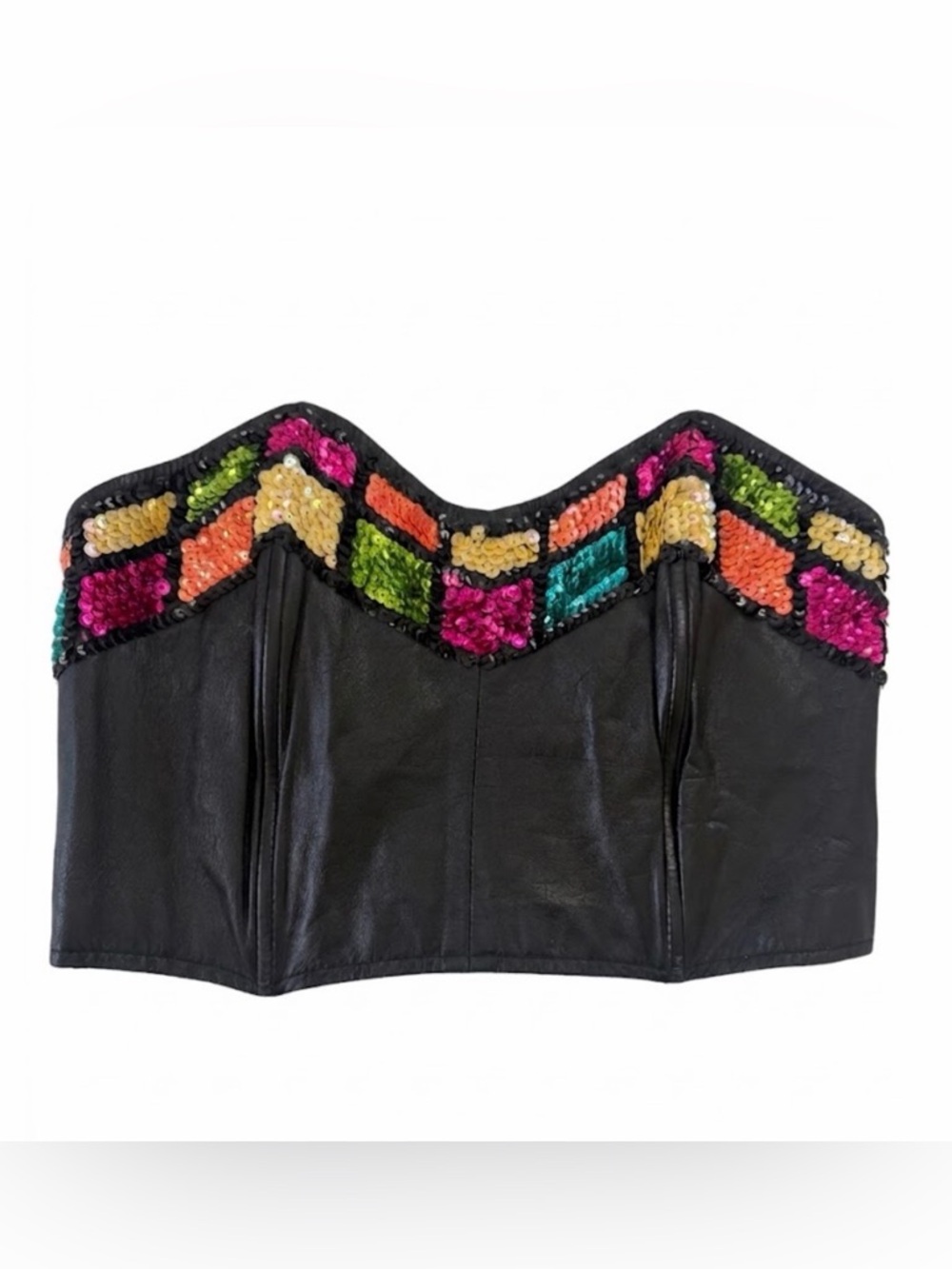 Black Leather Strapless Sequin Bustier Top